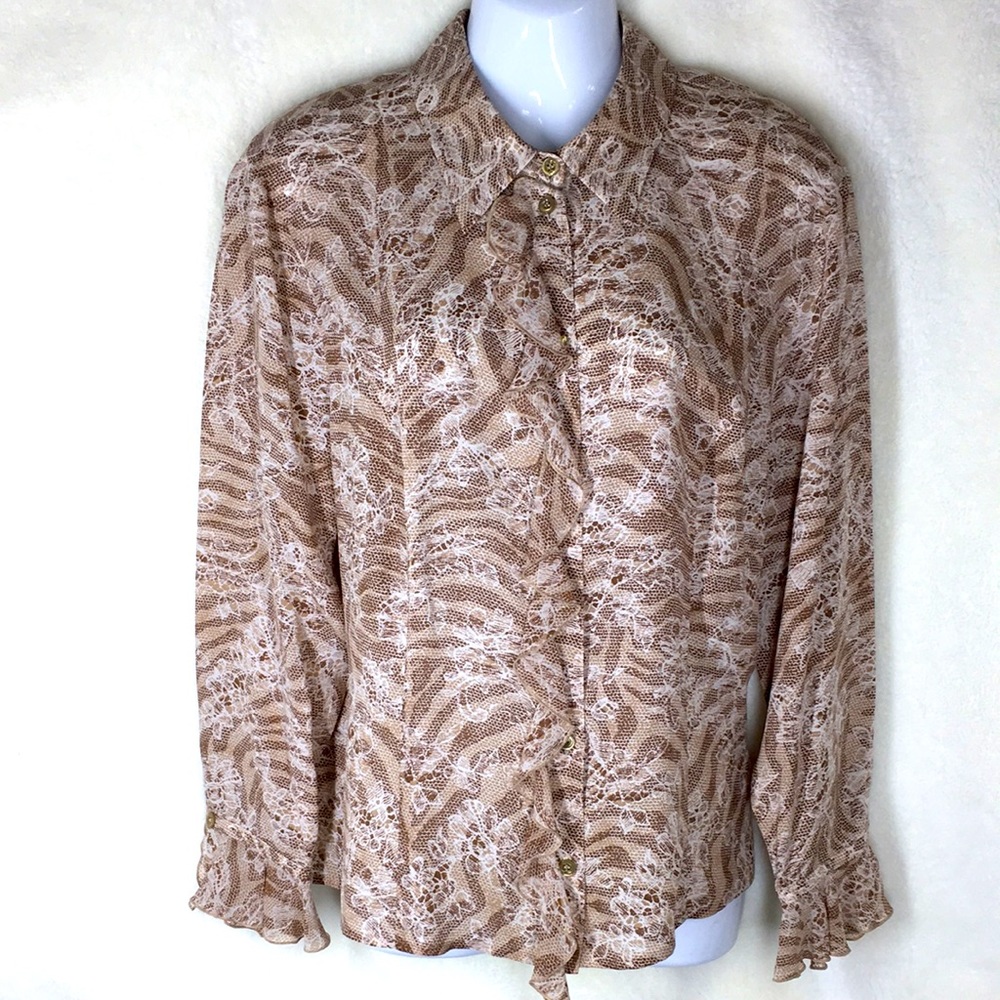 Escada 42 animal print floral ruffle tan brown cream blouse
